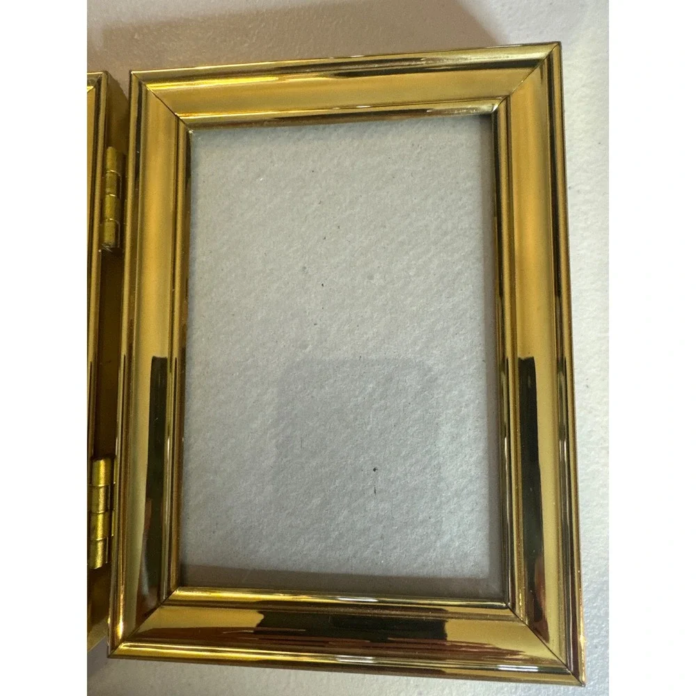 Vintage Gold Tone Hinged Double Picture Frame 3.5x5 Beveled Metal Tabletop Korea
